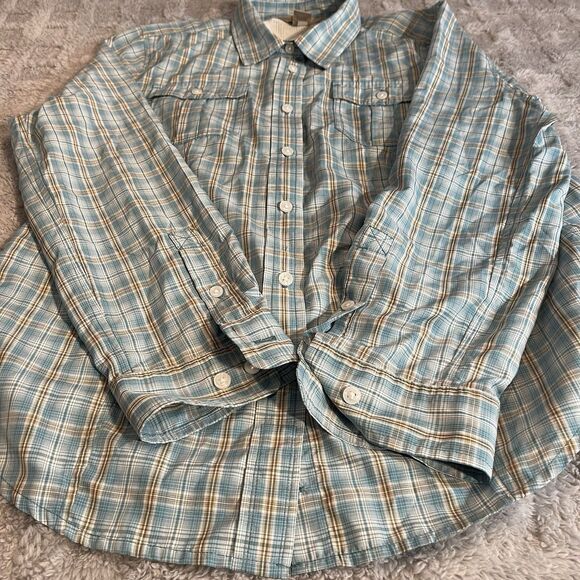 Mens Duluth Trading Co Nylon Blend Vented Hiking Shirt Aqua Plaid Size Large - Picture 2 of 16